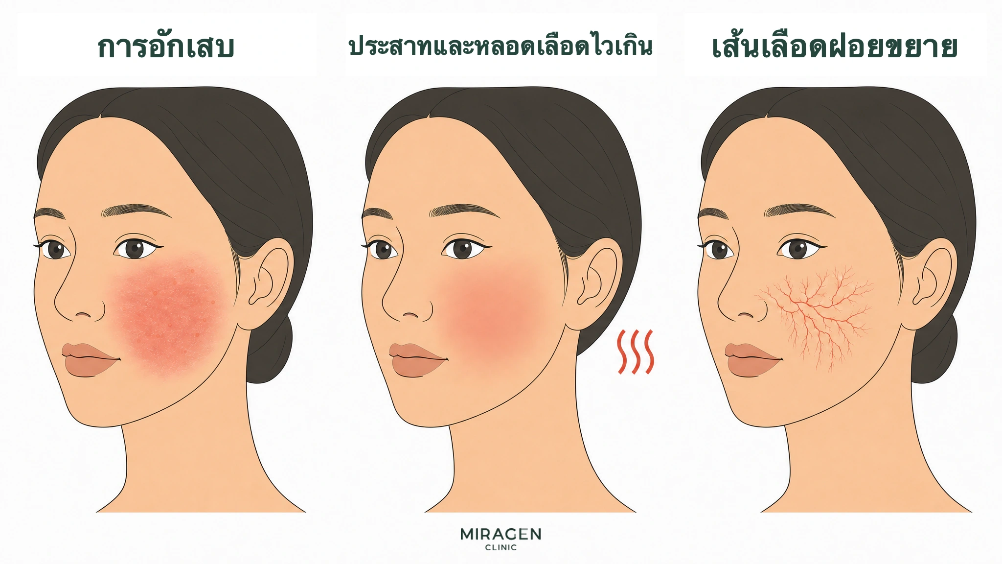 ภาพประกอบทางการแพทย์เปรียบเทียบสามสาเหตุของหน้าแดงบนใบหน้าเดียวกัน ได้แก่ การอักเสบ ความไวเกินของระบบประสาทและหลอดเลือด และหลอดเลือดฝอยขยายตัว