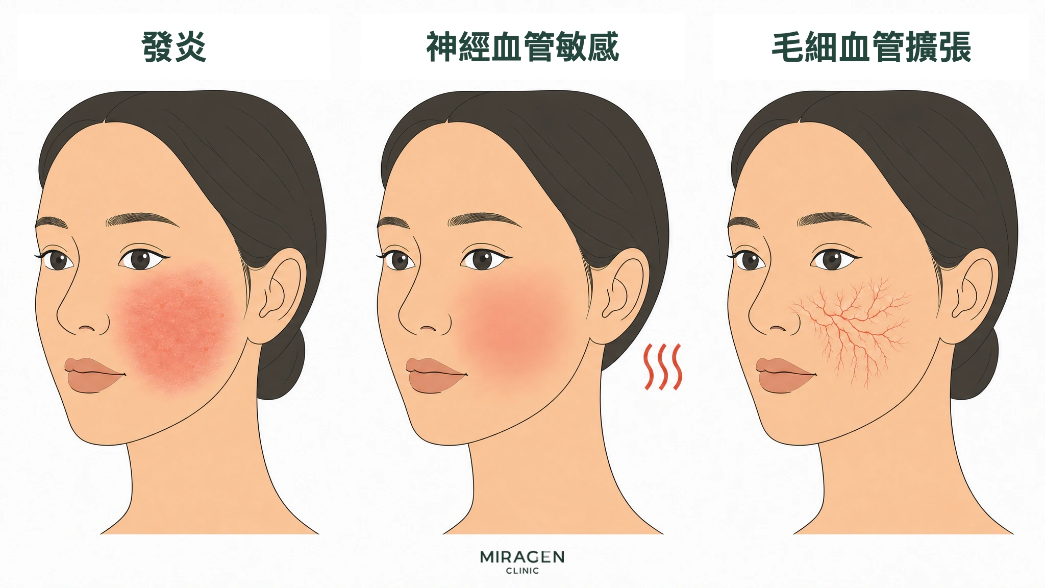 醫學插圖：在同一張臉部影象中對比引起潮紅的三種原因——發炎、神經血管反應過度和毛細血管擴張