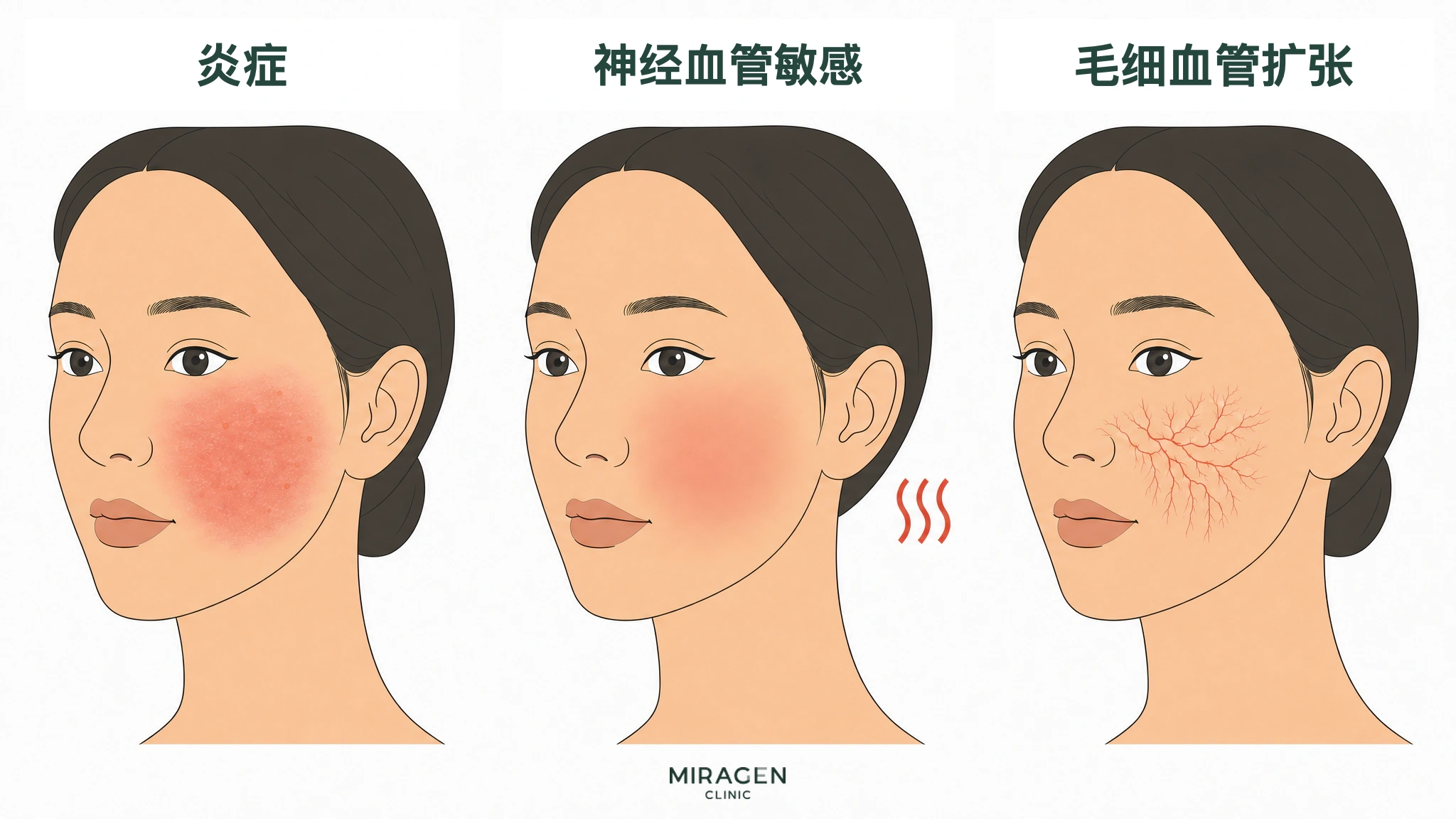 医学插图：在同一张面部图像中对比引起潮红的三种原因——炎症、神经血管反应过度和毛细血管扩张