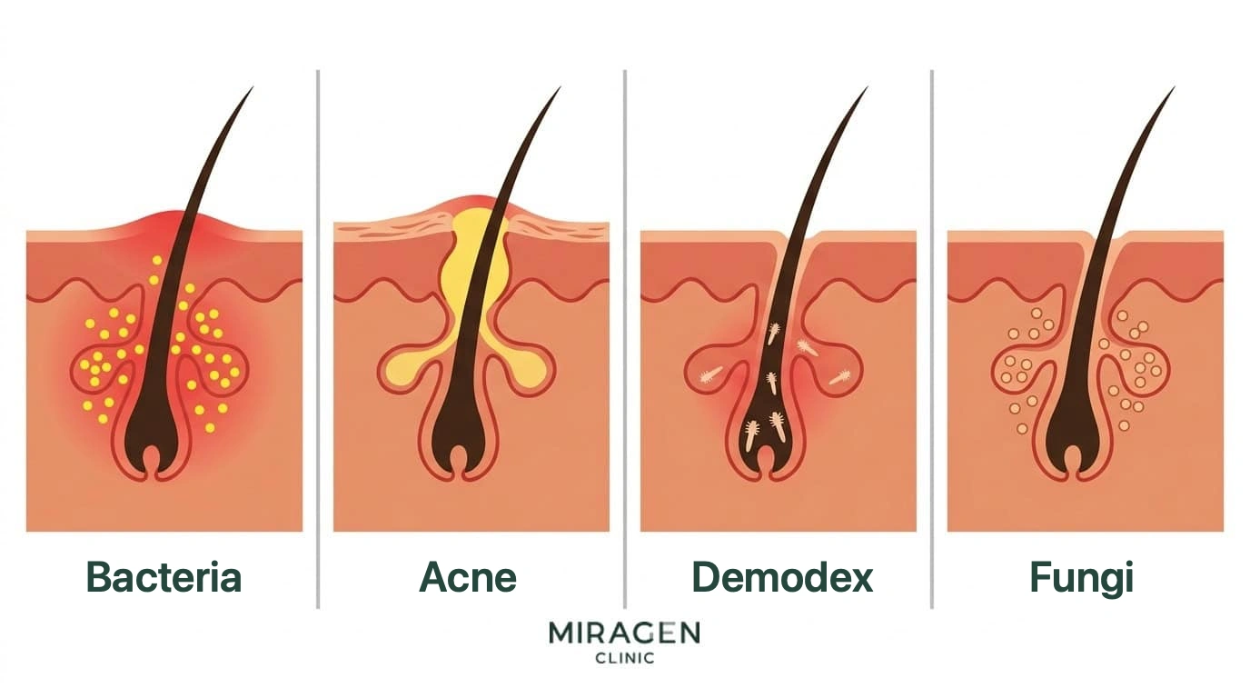 Comparison of four causes of folliculitis — a cross-sectional illustration showing differences in follicular inflammation caused by bacteria, acne, Demodex, and fungus