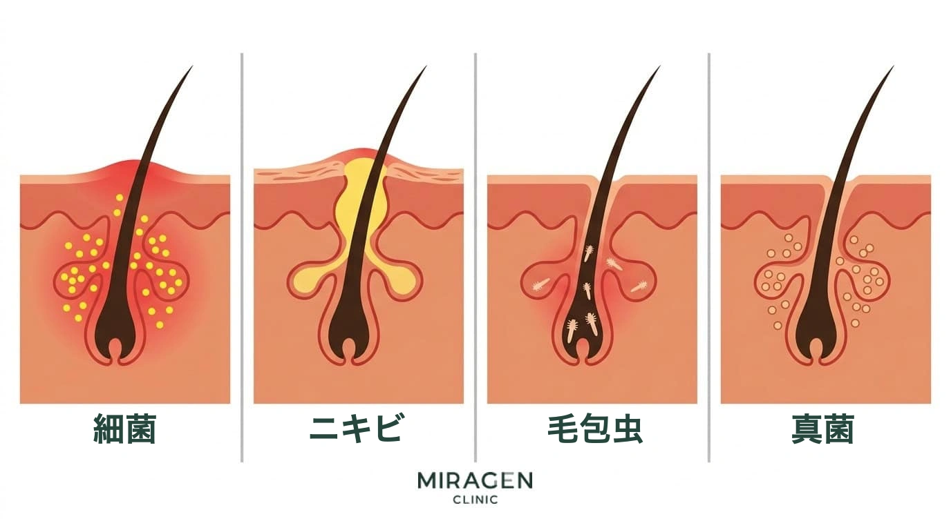 毛嚢炎の原因4種類の比較 — 細菌、ニキビ、毛包虫、真菌による毛包炎症の違いを示す断面イラスト