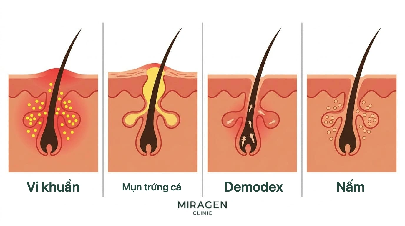 Minh họa mặt cắt so sánh bốn nguyên nhân viêm nang lông: vi khuẩn, mụn trứng cá, Demodex và nấm