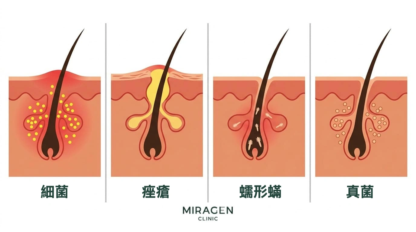 毛囊炎四種原因的毛囊橫截面對比圖：細菌、痤瘡、蠕形蟎和真菌