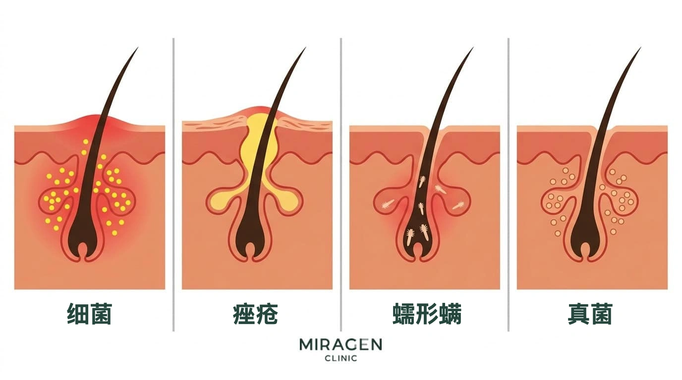 毛囊炎四种原因的毛囊横截面对比图：细菌、痤疮、蠕形螨和真菌