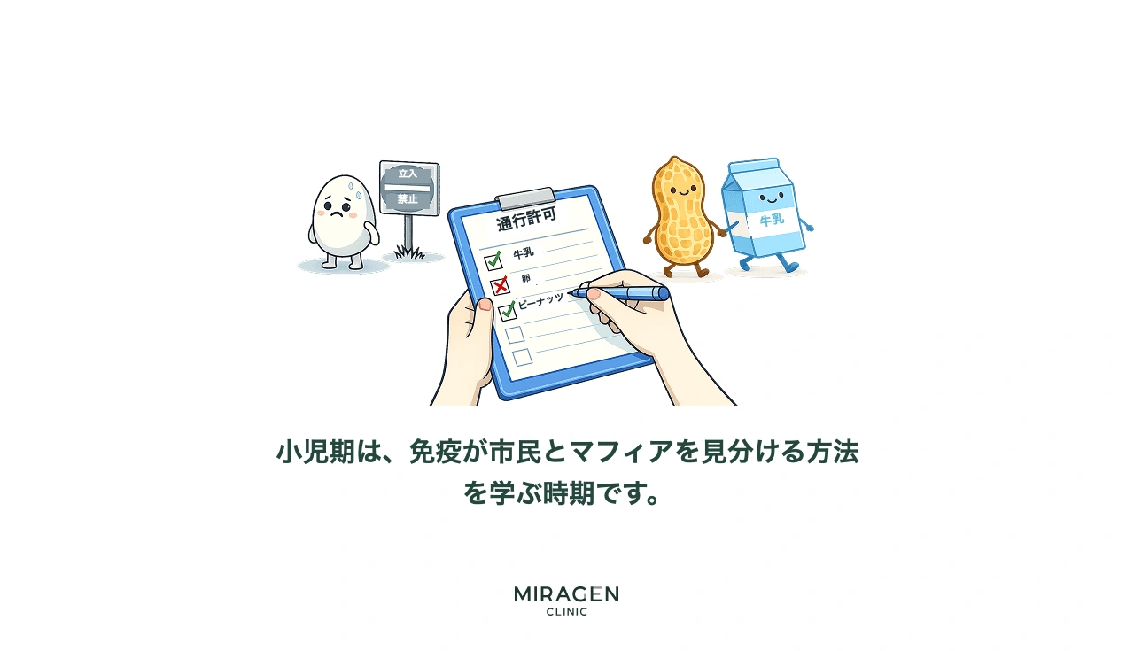 小児期の免疫寛容形成を示すインフォグラフィックで、アトピーに良い食べ物を無条件に制限するのではなく、多様な食べ物を早期に摂取させて免疫が安全だと学習する過程を説明