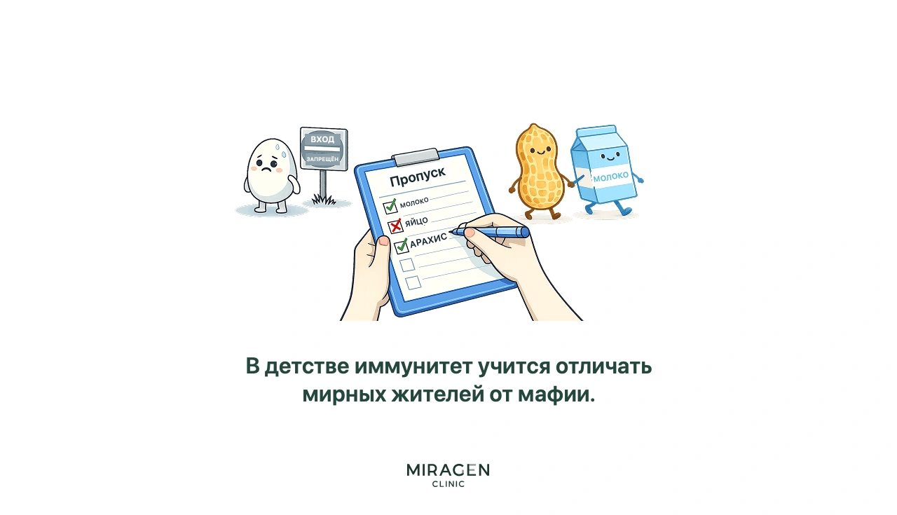 Инфографика объясняет формирование пищевой иммунной толерантности в детстве: вместо произвольного запрета разнообразные продукты вводят рано, чтобы иммунная система научилась считать их безопасными