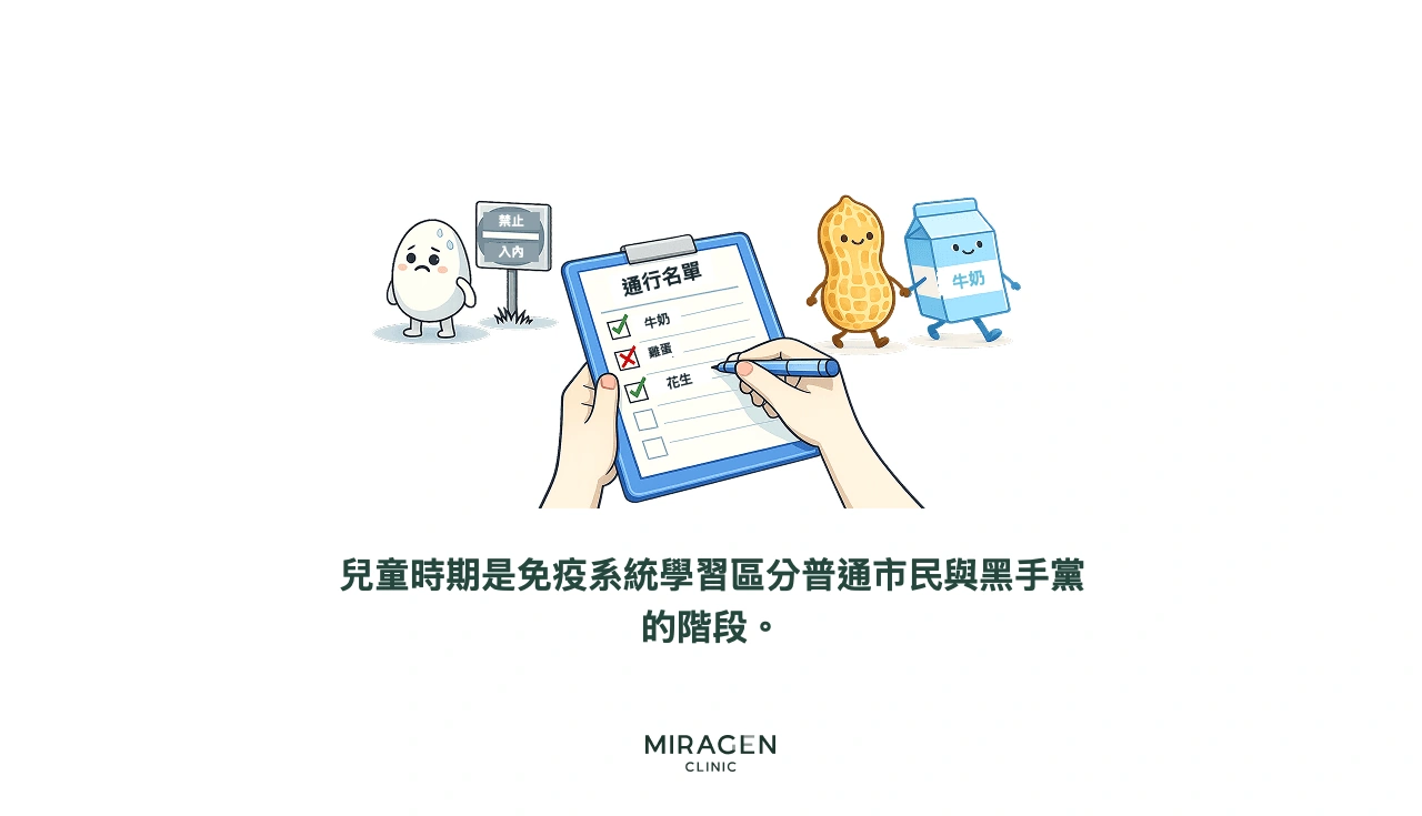 資訊圖展示兒童建立免疫耐受的過程:與其不分情況限制食物,不如儘早接觸多種食物,讓免疫系統學會將其視作安全
