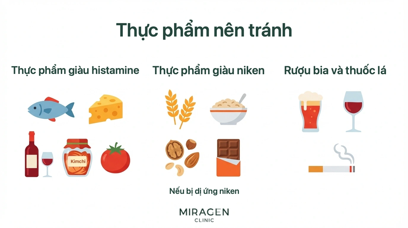 Sơ đồ ba nhóm cần lưu ý khi viêm da cơ địa: thực phẩm nhiều histamin, thực phẩm nhiều nickel, rượu và thuốc lá