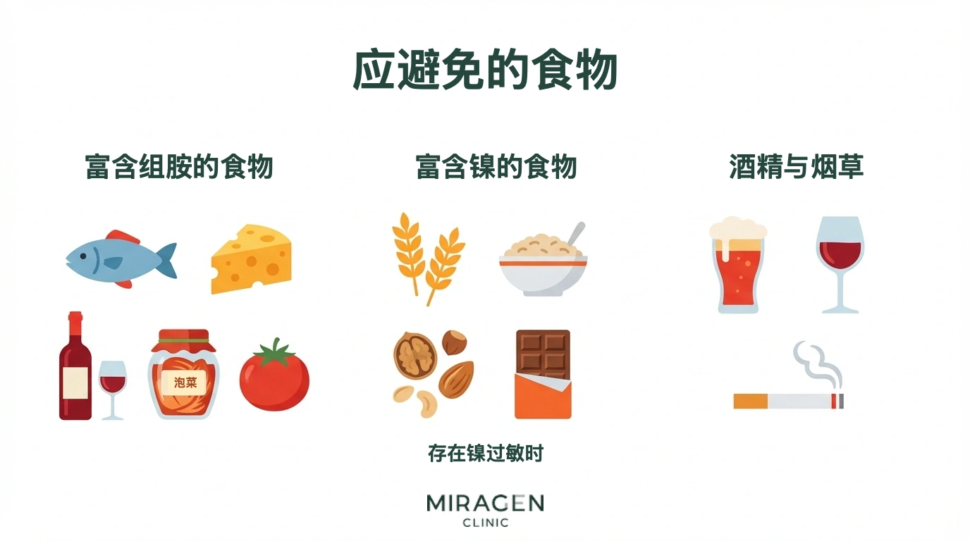 信息图将特应性皮炎需要留意的食物与因素分成三类：高组胺食物、高镍食物，以及酒和烟，并展示代表性食物