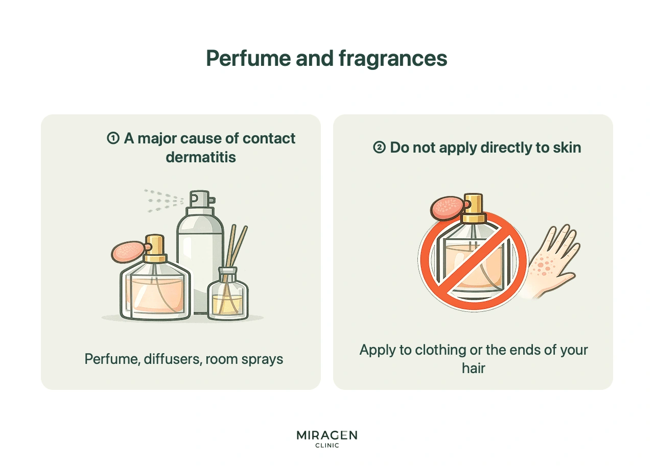 An infographic on perfume and fragrance precautions for rosacea patients, explaining that diffusers and room sprays can trigger contact dermatitis and advising use on clothes or hair instead of skin when the barrier is unstable.