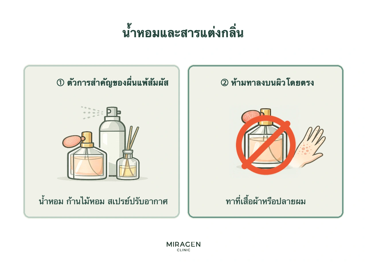 อินโฟกราฟิกข้อควรระวังเรื่องน้ำหอมสำหรับผู้ป่วยผิวหนังอักเสบ กล่าวถึงน้ำหอม ก้านกระจายกลิ่น และสเปรย์ห้อง พร้อมแนะนำให้ใช้บนเสื้อผ้าหรือผมแทนผิวโดยตรง