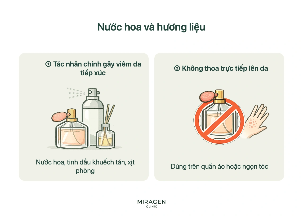 Hướng dẫn về nước hoa và hương liệu cho người rosacea: máy khuếch tán hoặc xịt phòng có thể gây viêm da tiếp xúc; khi da yếu chỉ dùng ít trên quần áo hoặc tóc