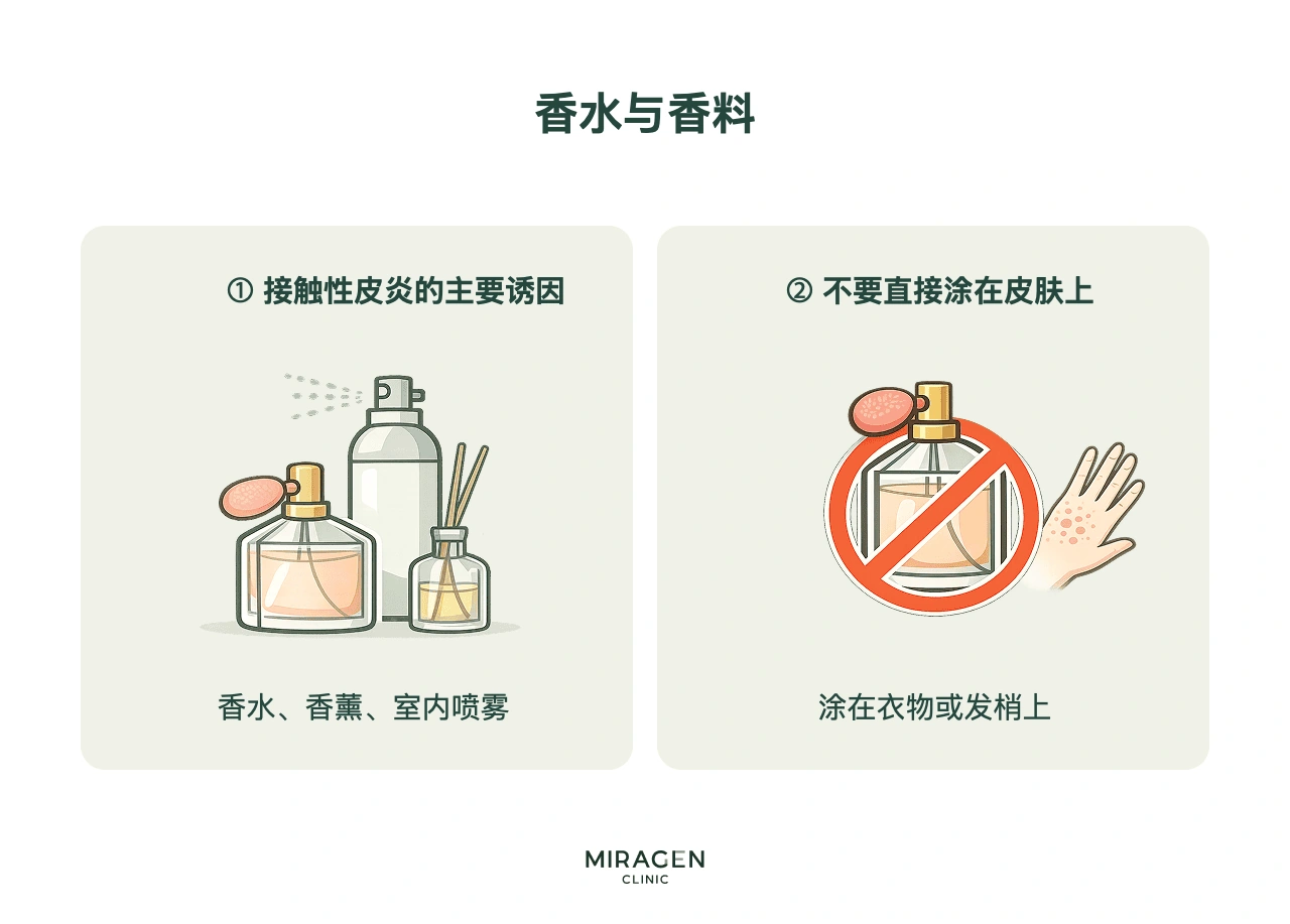 信息图：提醒玫瑰痤疮患者，扩香器和室内喷雾中的香料可能引发接触性皮炎；屏障不稳定时，应避免直接喷在皮肤上，可少量用于衣物或发梢