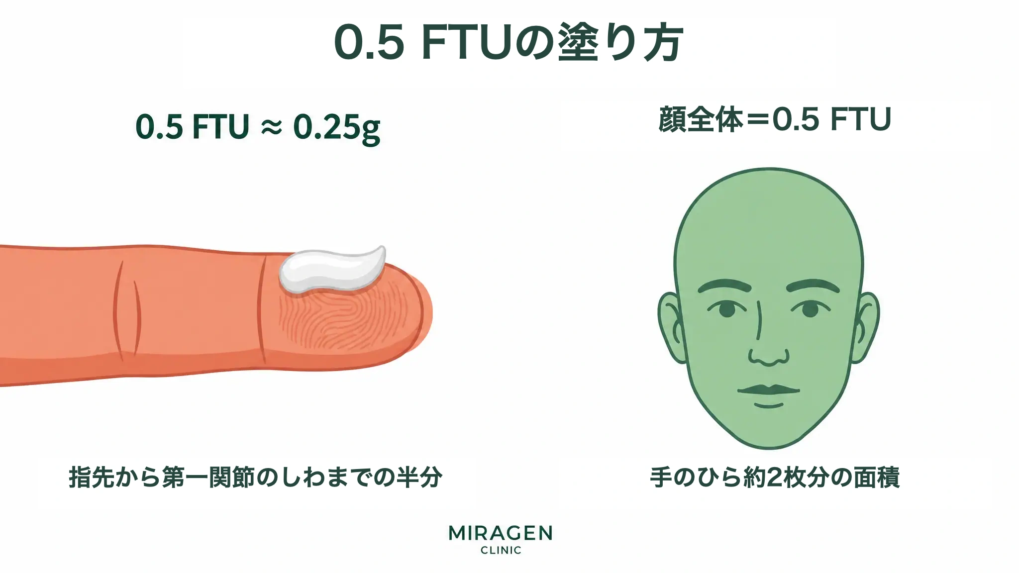 成人の人差し指の指先から第一関節の半分まで絞り出した0.5 FTU量を、顔全体にごく薄く伸ばして塗る目安を指と顔の図で説明したインフォグラフィック
