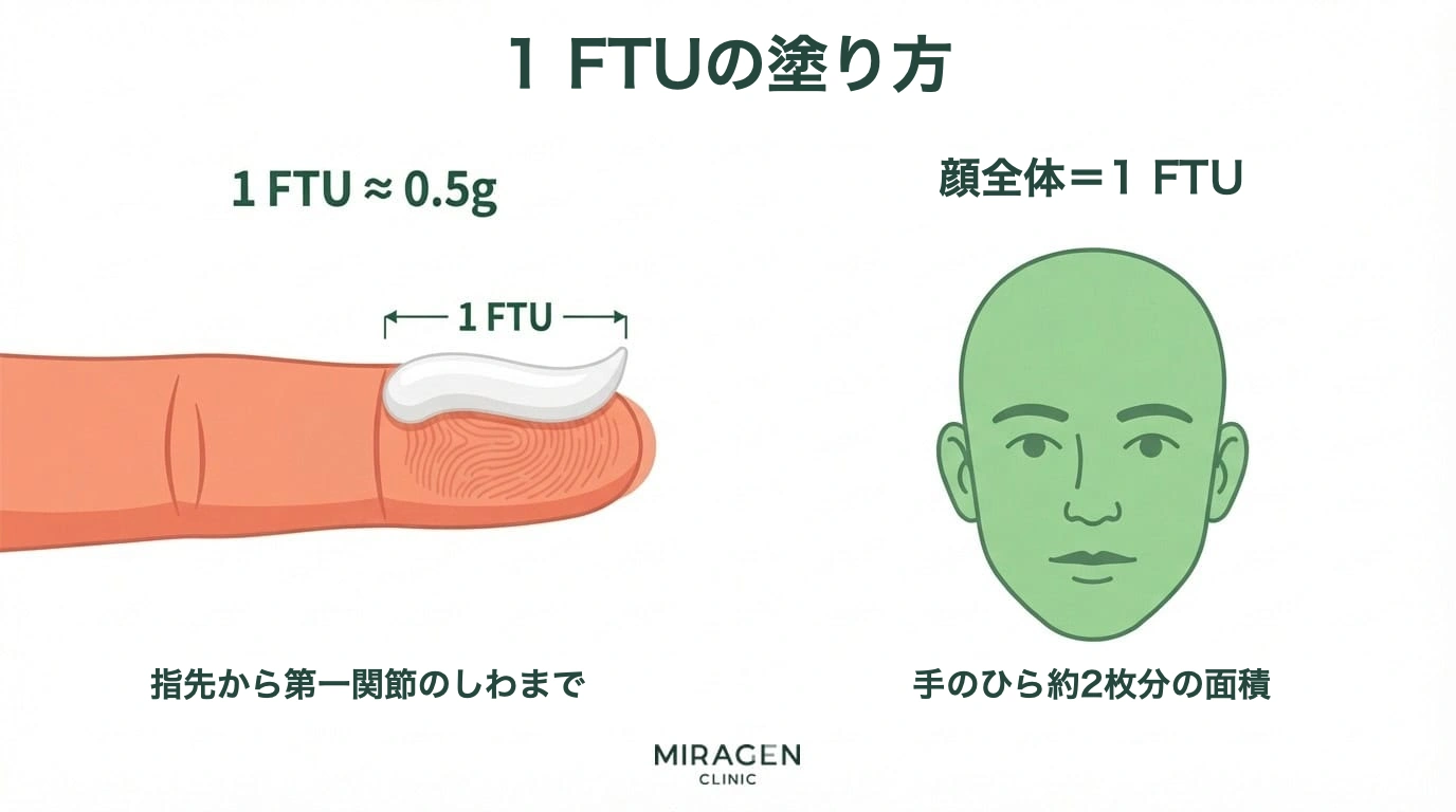成人人差し指の第一関節までの長さで絞り出した1 FTUの量を顔程度の面積に薄く伸ばして塗る目安を指と顔のイラストで説明したインフォグラフィック