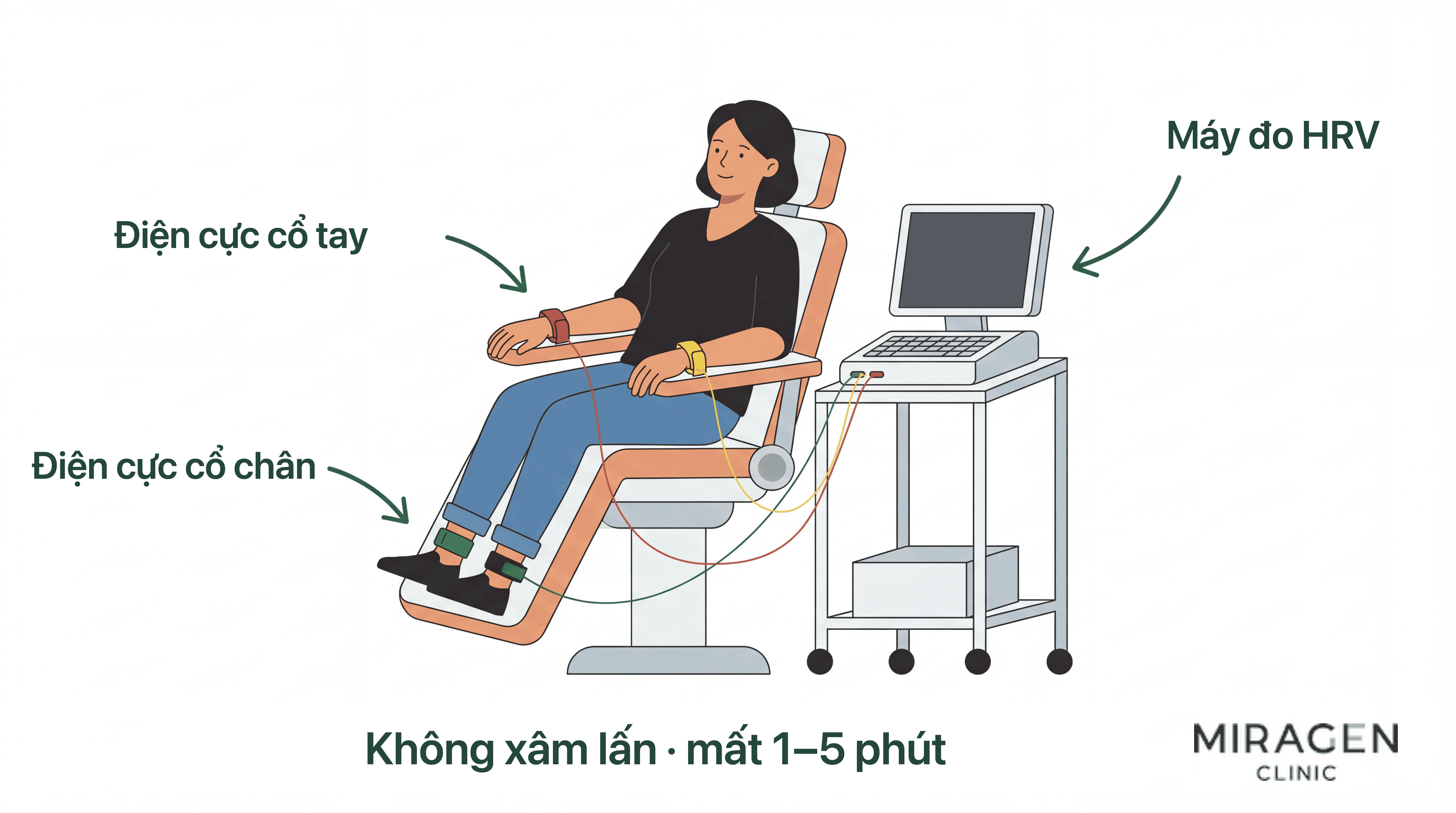 Người bệnh ngồi thoải mái với các điện cực dạng kẹp gắn ở cổ tay và cổ chân khi kiểm tra hệ thần kinh tự chủ