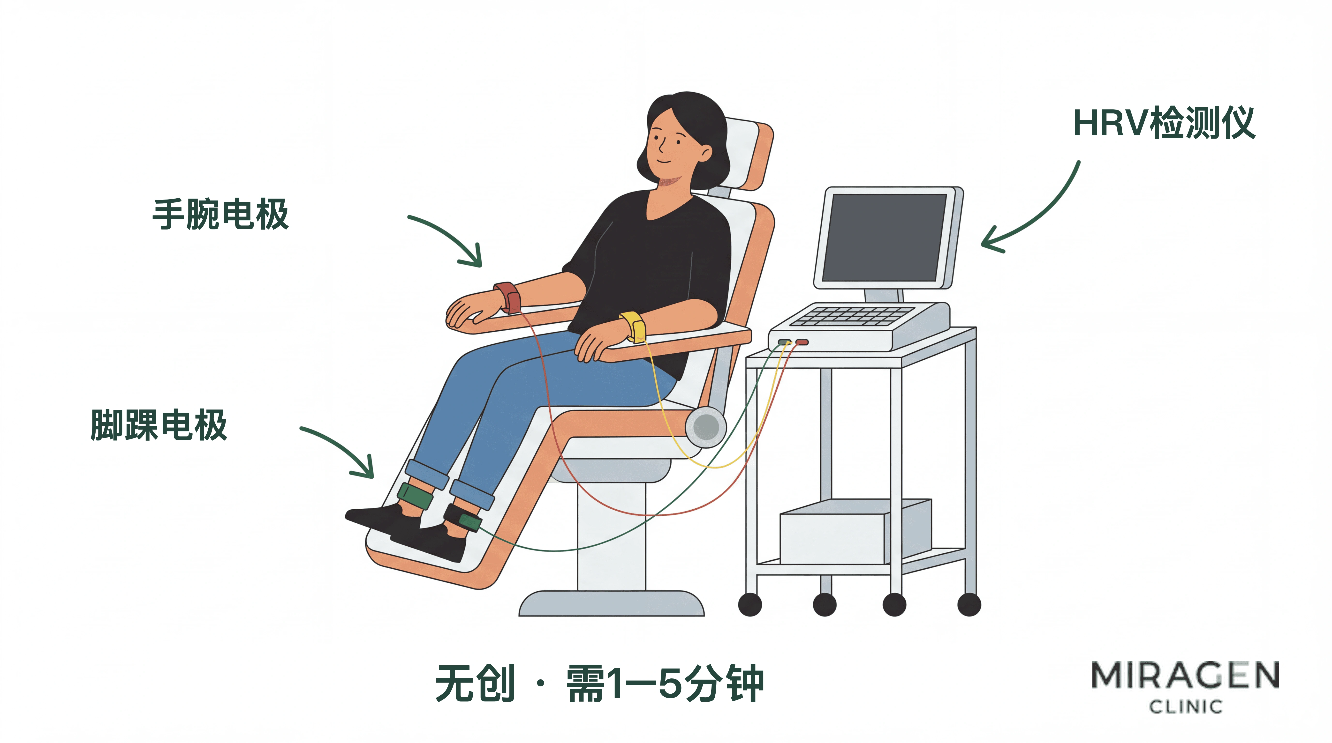 检查示意图：患者舒适地坐着，手腕和脚踝贴有夹式电极，接受自主神经功能检查