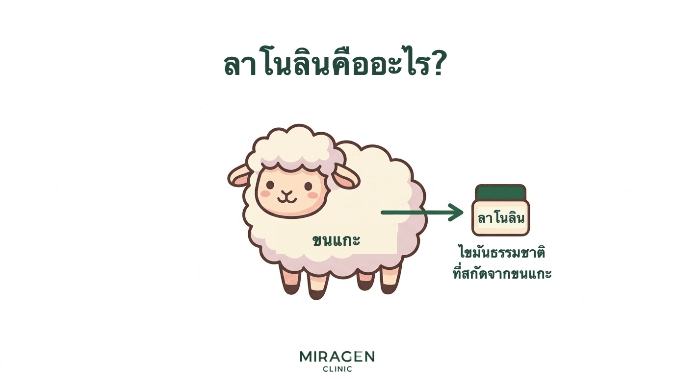 อินโฟกราฟิกภาพแกะแสดงว่าลาโนลินเป็นไขมันธรรมชาติที่สกัดจากขนแกะ