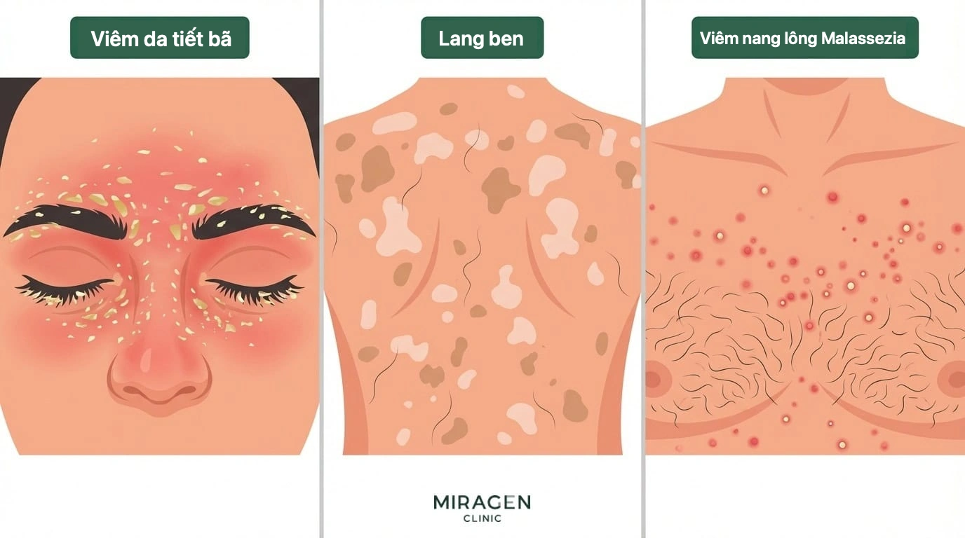 Ba biểu hiện nhiễm Malassezia mà Nizoral có thể đáp ứng tốt: viêm da tiết bã, lang ben và viêm nang lông