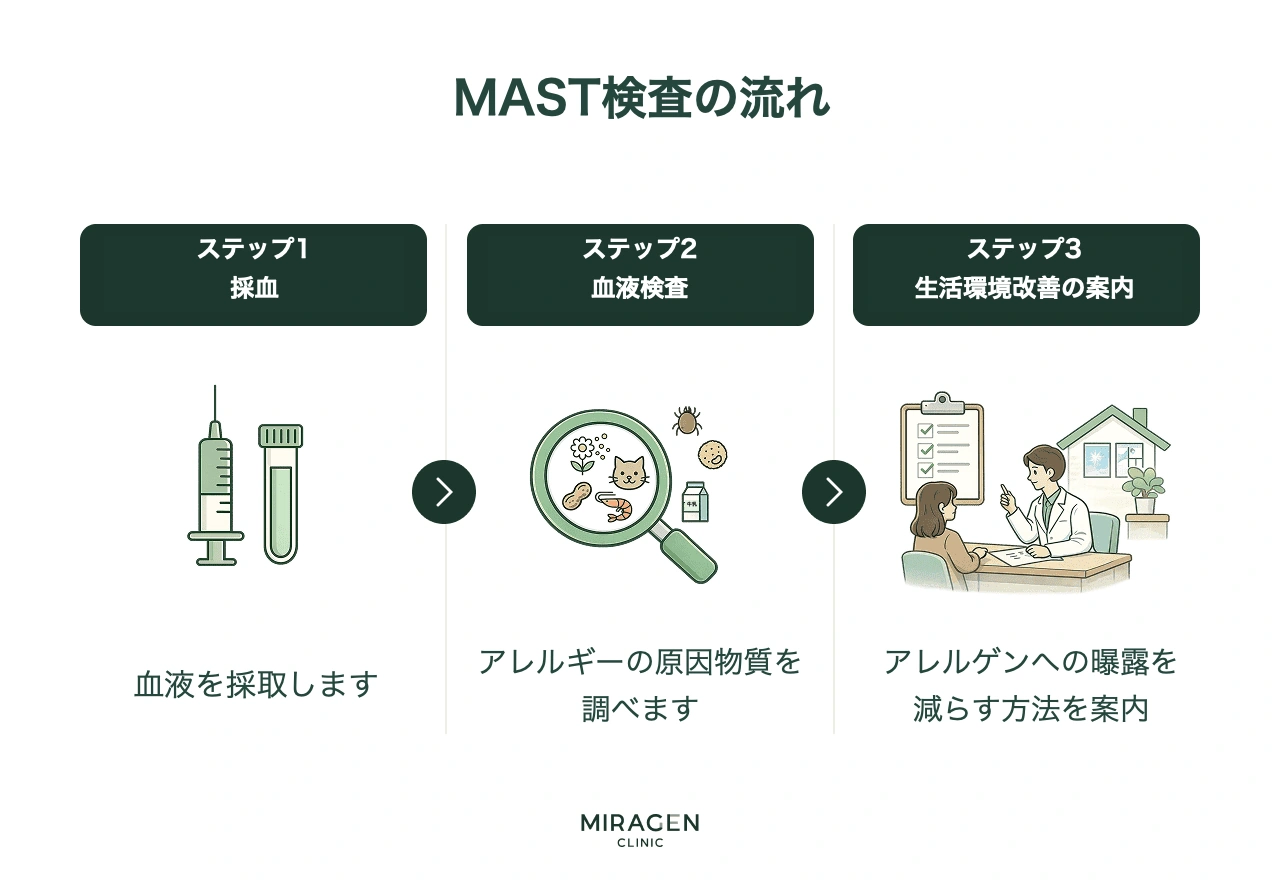 MASTアレルギー検査を実施する理由 — アレルゲンへの曝露とIgE反応の原理 インフォグラフィック