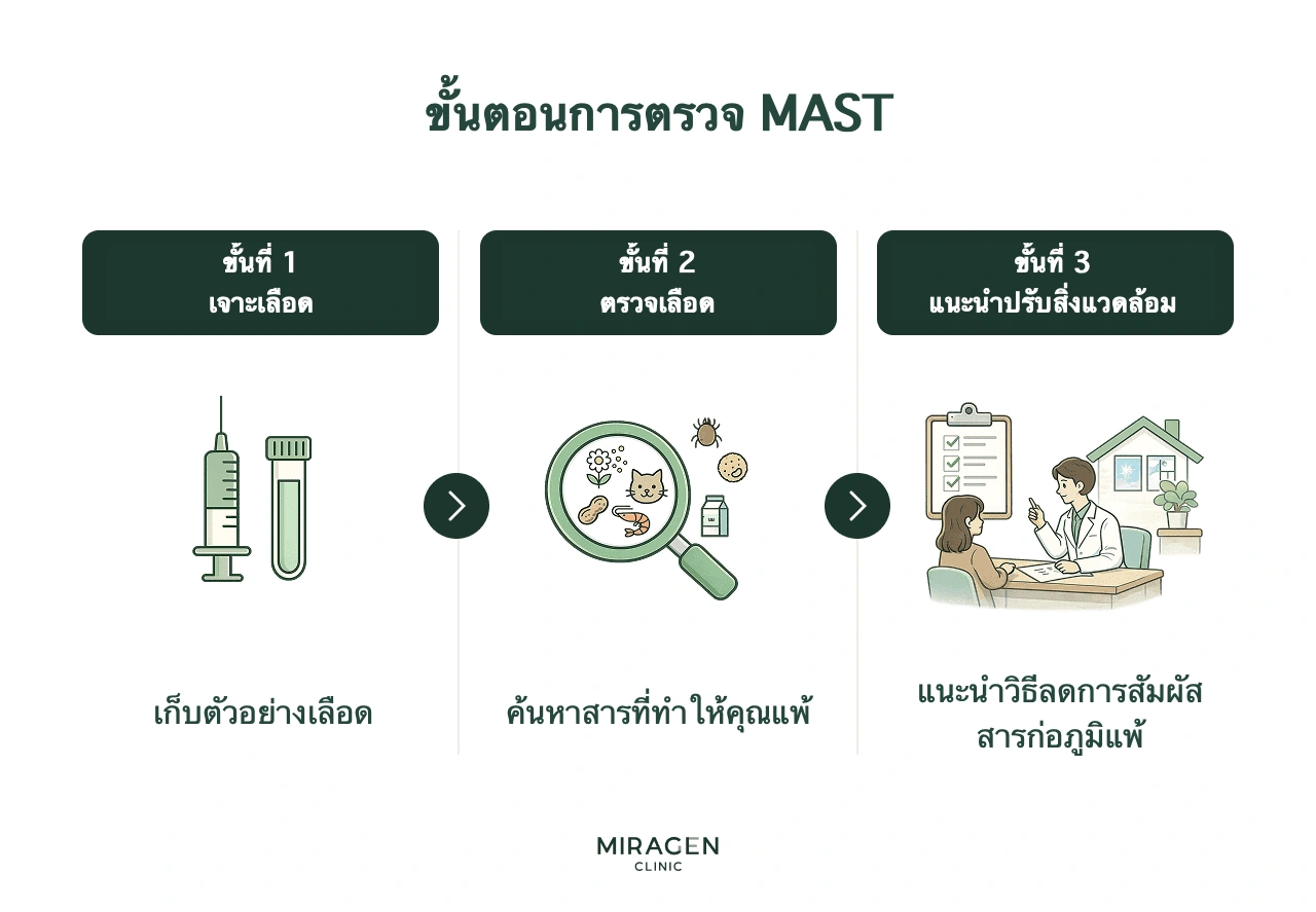ภาพอธิบายเหตุผลที่ตรวจภูมิแพ้ MAST ผ่านกระบวนการสัมผัสสารก่อภูมิแพ้และปฏิกิริยา IgE