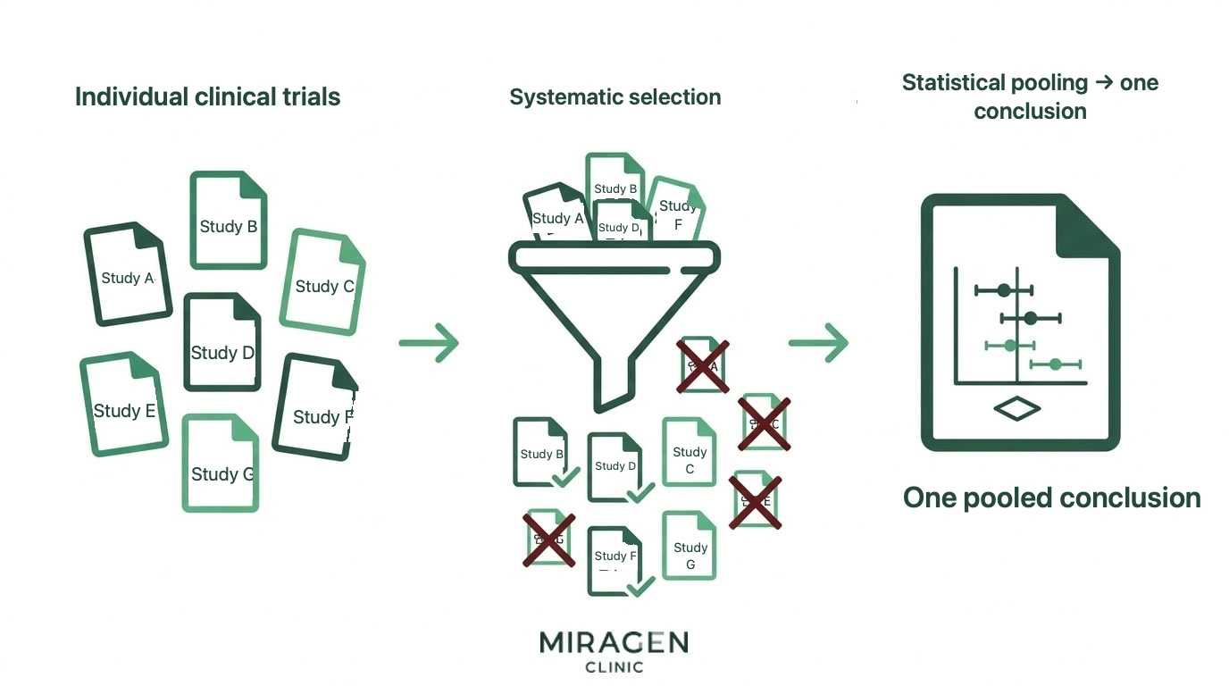 An infographic visualizing the process of Cochrane systematic reviews and meta-analyses—screening multiple individual clinical trials, pooling them statistically, and deriving a single conclusion