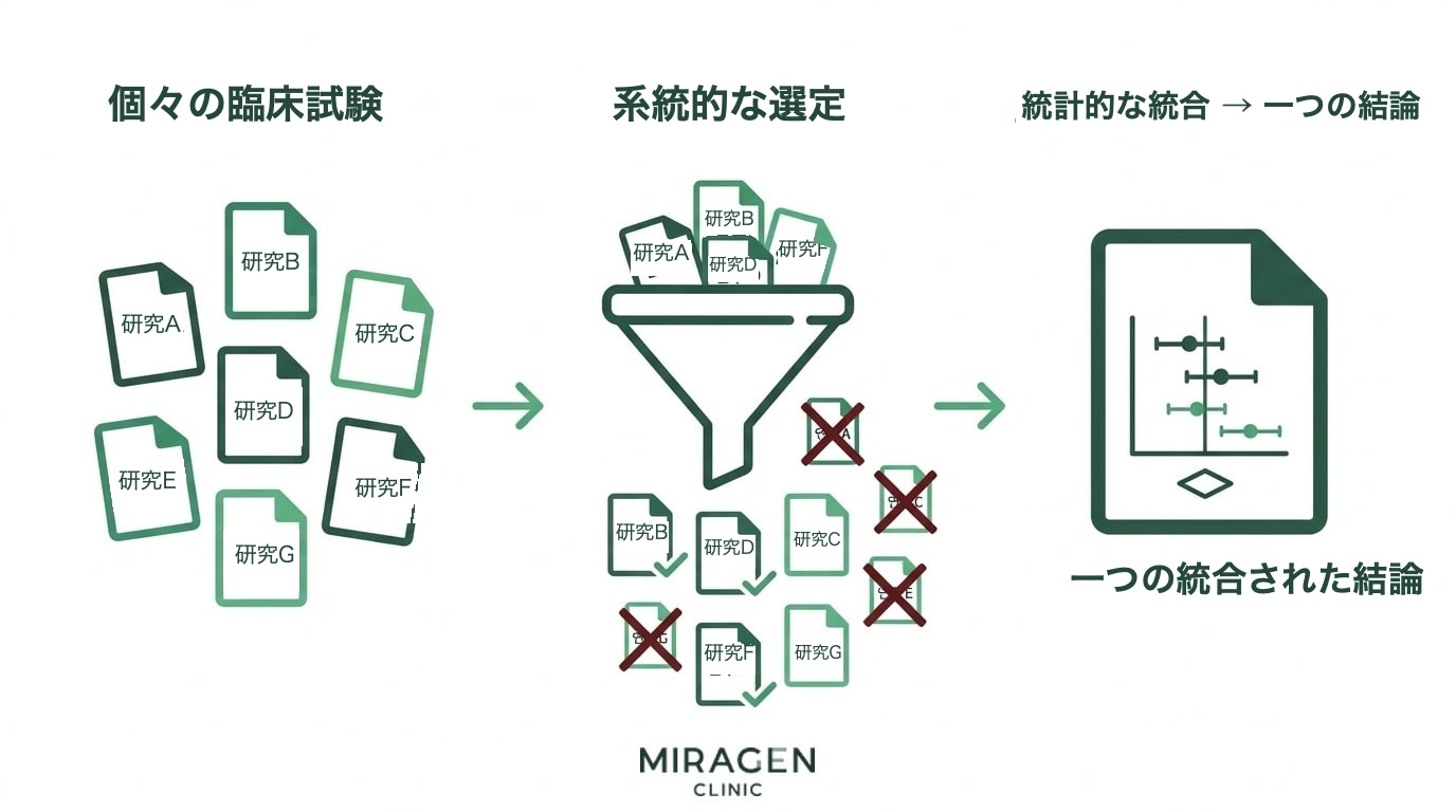 コクランのシステマティックレビューとメタ分析のプロセスを示すインフォグラフィック。複数の個別臨床試験を選別し、統計的に統合して一つの結論を導く段階を可視化