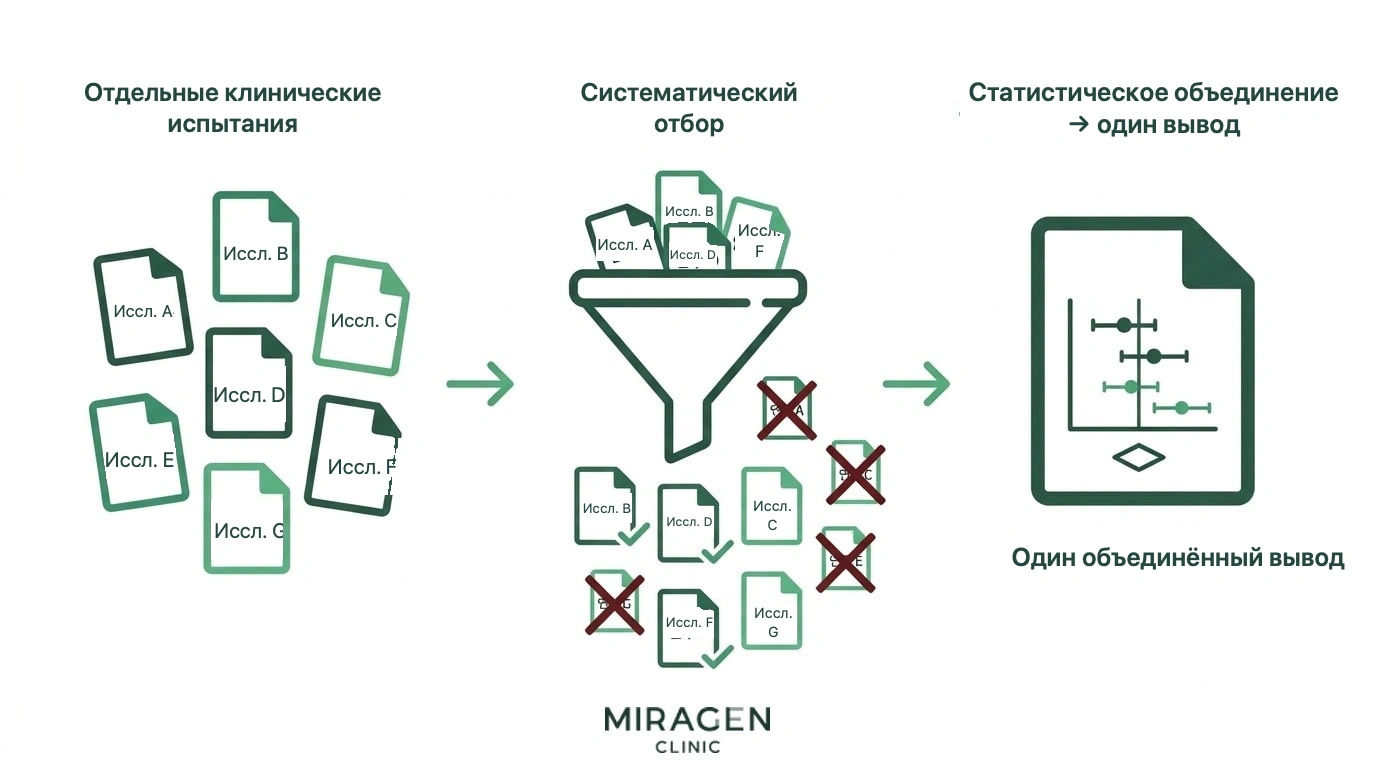 Инфографика показывает этапы систематического обзора Cochrane и метаанализа: от отбора отдельных испытаний до статистически объединенного результата