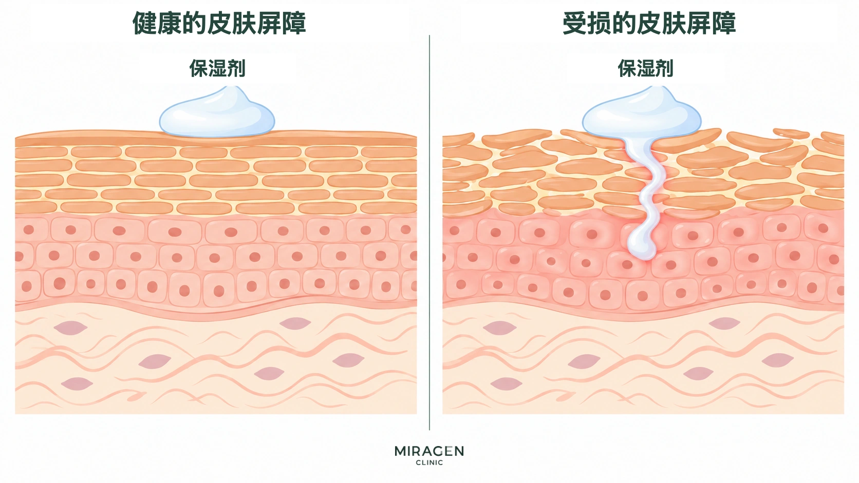 比较健康皮肤屏障与受损屏障的信息图：前者使保湿剂留在表面，后者可能让部分成分进入皮肤内部