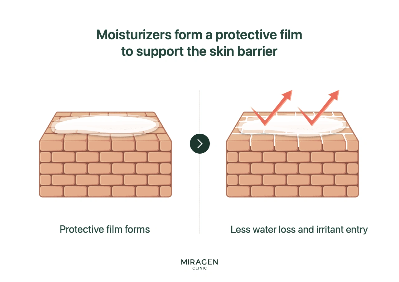Illustration explaining the principle by which moisturizers form a protective barrier over damaged skin to reduce moisture evaporation and block external irritant penetration, shown through a brick wall cross-section before-and-after diagram
