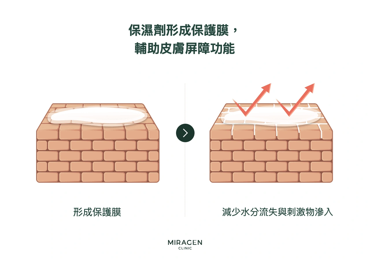 磚牆剖面的前後對比示意圖，說明保濕劑在受損皮膚屏障上形成保護膜、減少水分蒸發並阻擋外界刺激物進入的原理