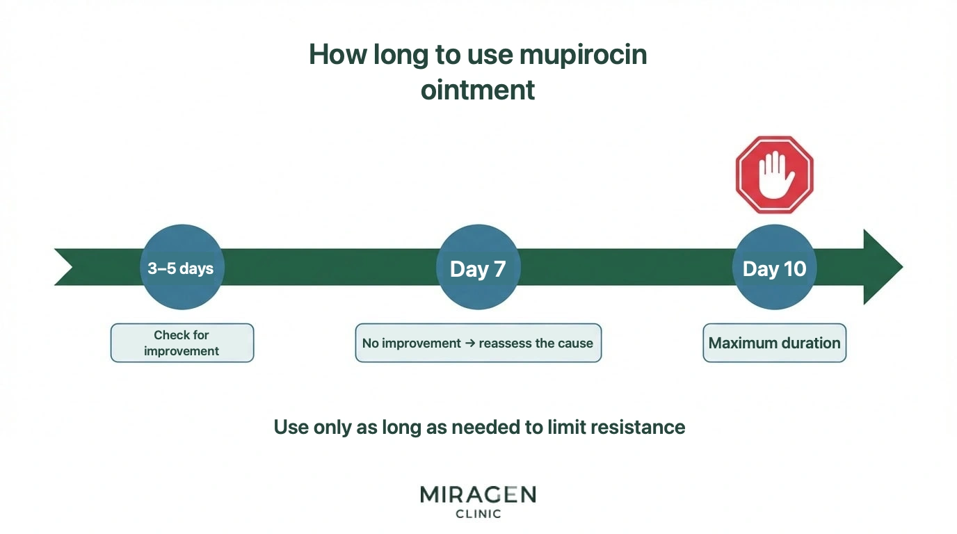 Mupirocin ointment use timeline — check for improvement at 3–5 days, reassess the cause at 7 days, maximum use limit at 10 days