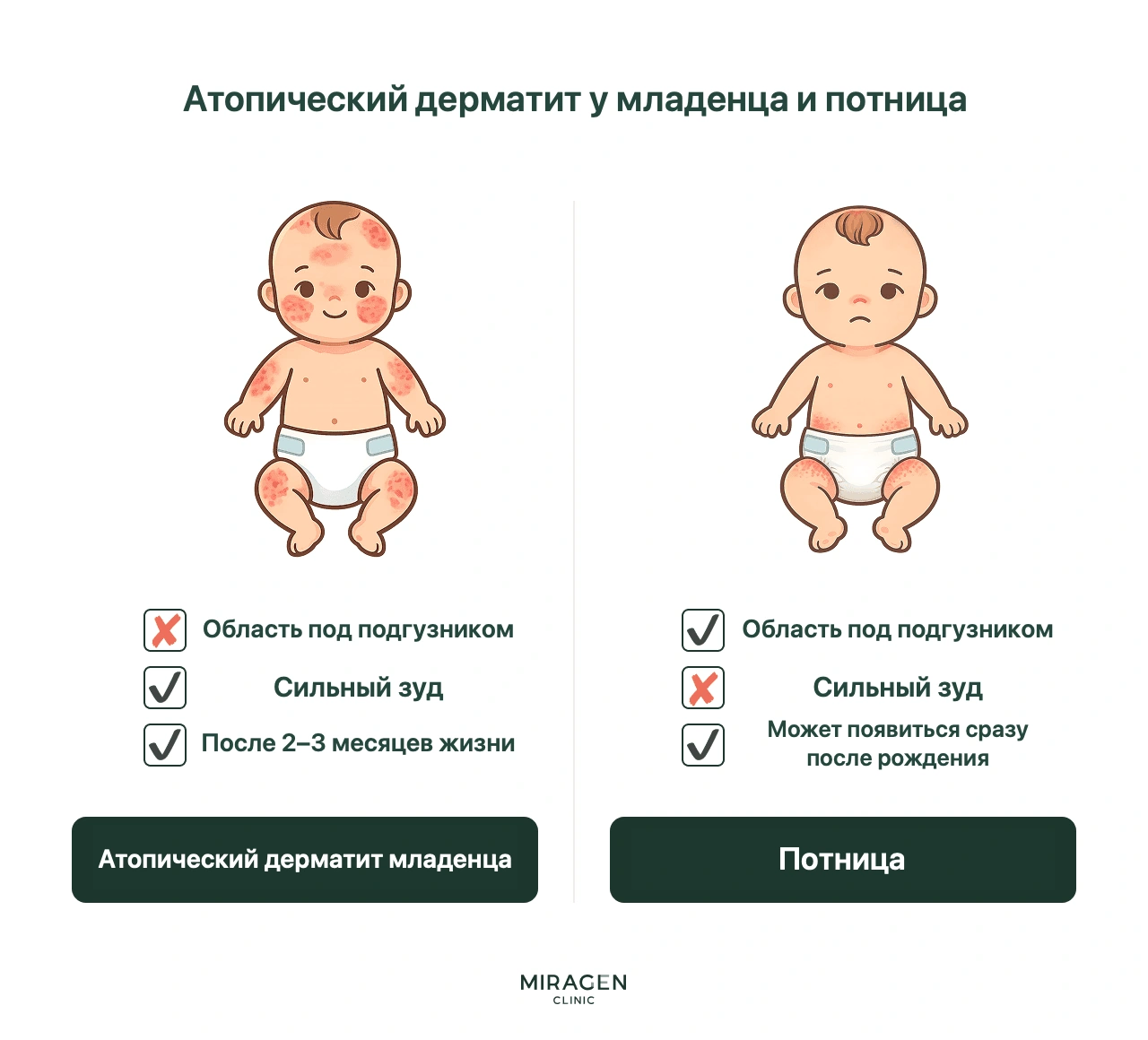 Инфографика сравнивает атопический дерматит у младенцев и другие младенческие высыпания по зуду, области под подгузником и времени появления