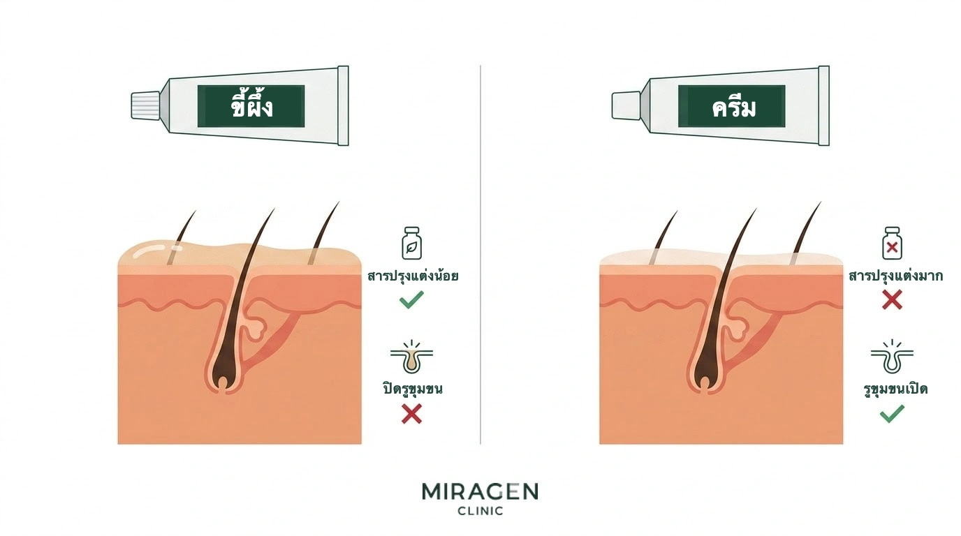 ภาพตัดขวางเปรียบเทียบยาขี้ผึ้งกับครีมสำหรับใบหน้า ยาขี้ผึ้งมีสารกันเสียน้อยแต่เสี่ยงอุดรูขุมขน ส่วนครีมมีสารกันเสียมากกว่าแต่อุดรูขุมขนน้อยกว่า