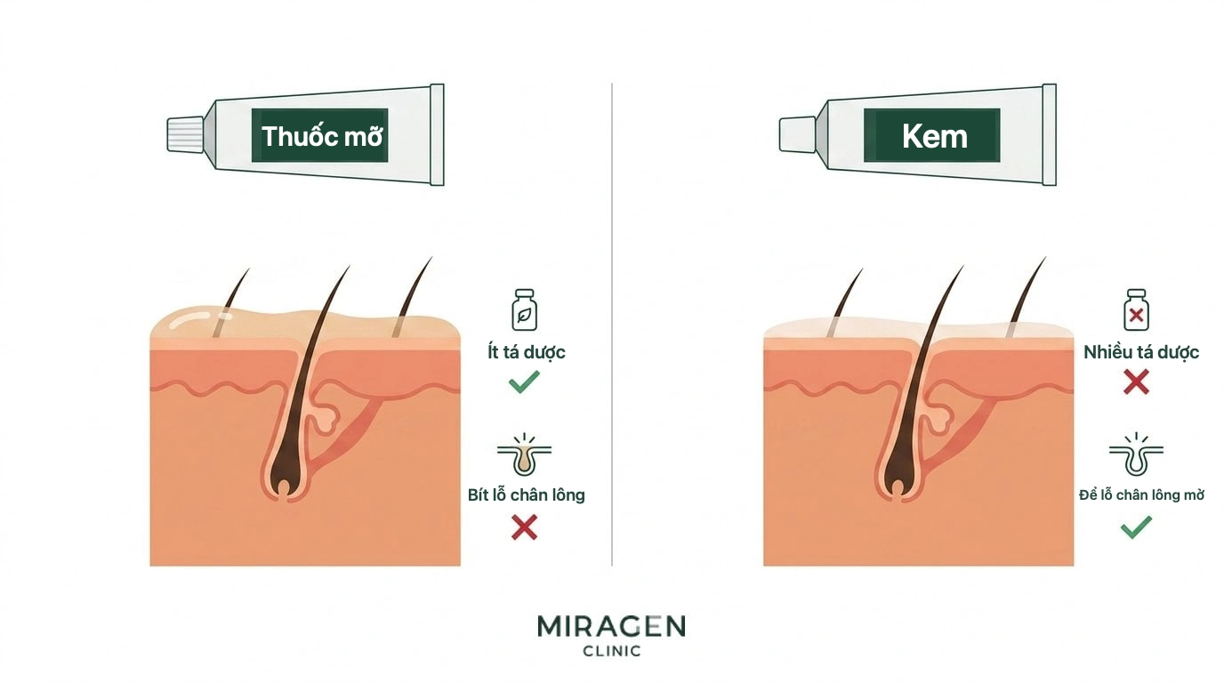 Hình cắt lớp da so sánh thuốc mỡ ít chất bảo quản nhưng dễ bít lỗ chân lông với kem nhiều chất bảo quản hơn nhưng ít gây bít tắc