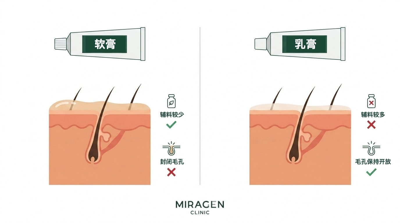 软膏与乳膏剂型的皮肤剖面对比插图:软膏防腐剂较少,却可能堵塞毛孔;乳膏防腐剂较多,但较少堵塞毛孔,用于指导面部特应性皮炎选药