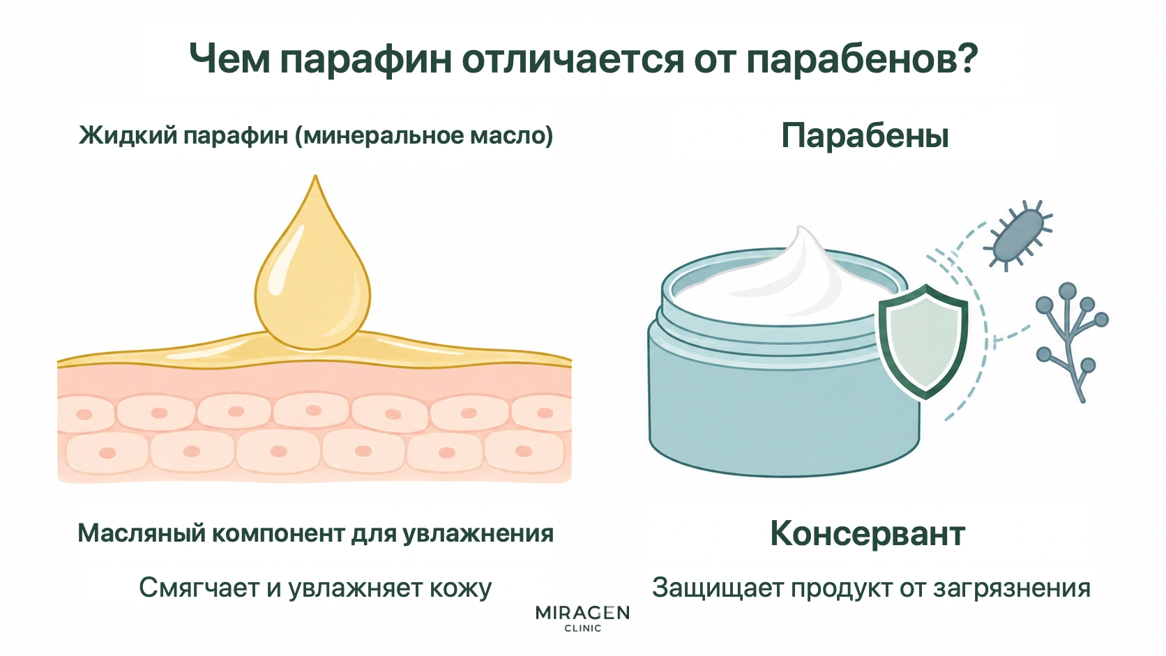 Сравнение жидкого парафина, образующего на коже увлажняющую масляную плёнку, и парабенов — консервантов, препятствующих росту бактерий и грибков внутри продукта