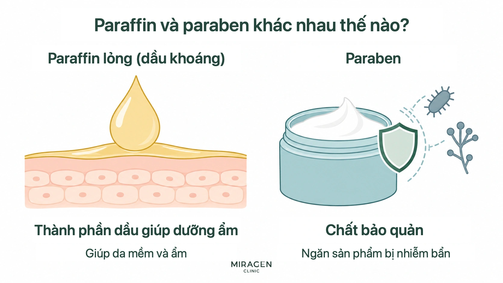 Hình so sánh parafin lỏng tạo màng dầu giúp giữ ẩm trên da và paraben là chất bảo quản ngăn vi khuẩn, nấm phát triển trong sản phẩm