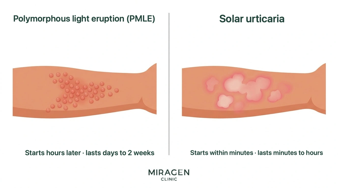 Medical illustration comparing the appearance and onset time of arm rashes in polymorphic light eruption and solar urticaria, the two main types of sun allergy.
