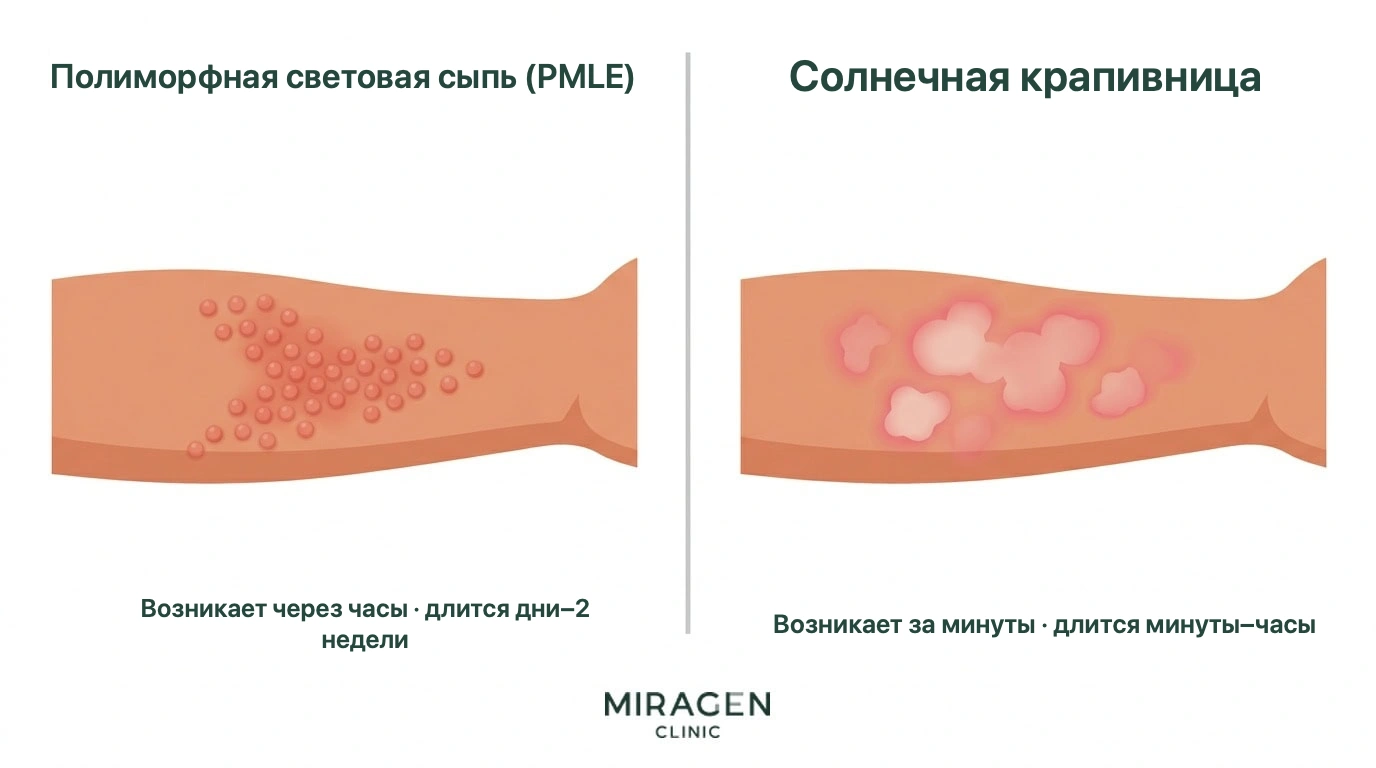 Медицинская иллюстрация сопоставляет вид сыпи на руке и время её появления при полиморфной световой сыпи и солнечной крапивнице