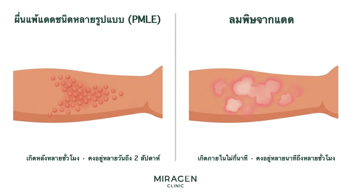 ภาพทางการแพทย์เปรียบเทียบลักษณะผื่นบนแขนและเวลาที่เกิดของ PMLE กับลมพิษจากแสงแดด ซึ่งเป็นโรคสองชนิดที่มักเรียกแพ้แดด