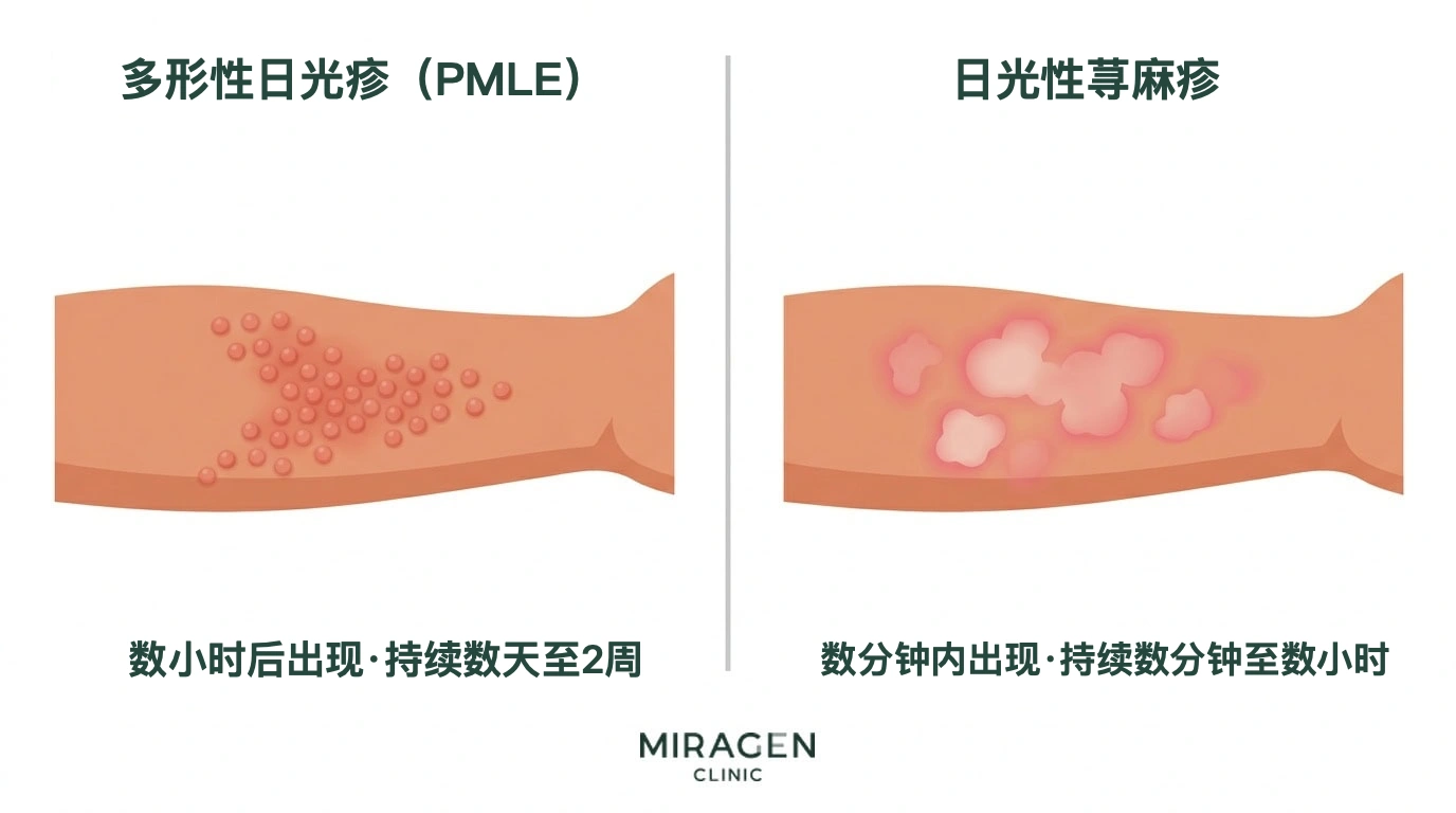 医学插图：并列比较日光过敏的两种代表性疾病——多形性日光疹和日光性荨麻疹在手臂上的皮疹形态与出现时间