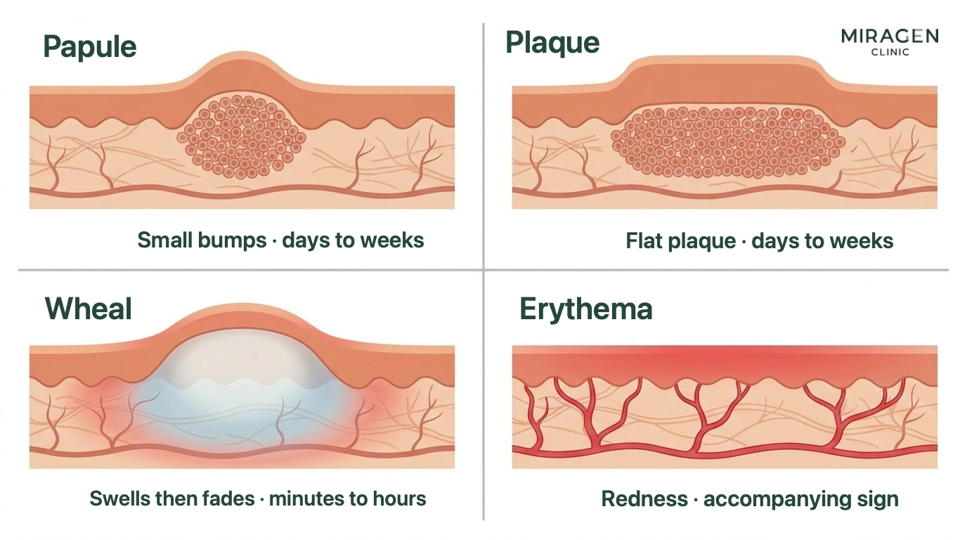 Illustration comparing the cross-sectional appearance and duration of rash types—papules, plaques, wheals, and erythema—to help distinguish lesion types in sun allergy patients.