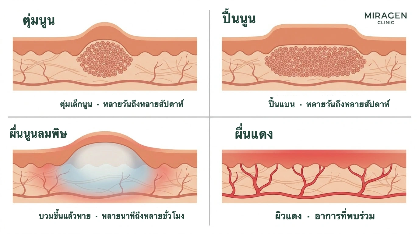 ภาพเปรียบเทียบหน้าตัดผิวและระยะเวลาของตุ่มนูน ผื่นปื้น ผื่นนูนบวม และผื่นแดง เพื่อช่วยแยกลักษณะรอยโรคในผู้แพ้แดด