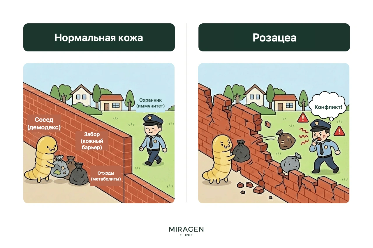 Аналогия с защитной стеной объясняет связь Demodex с кожным барьером: прочная стена не пропускает продукты обмена клещей, а при разрушении барьера они сталкиваются с иммунной защитой и способствуют розацеа