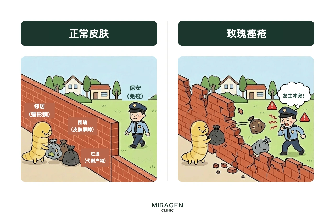 围墙比喻图：屏障完整时阻止毛囊蠕形螨代谢产物进入皮肤；屏障倒塌后，产物与免疫系统发生冲突，可能引发玫瑰痤疮