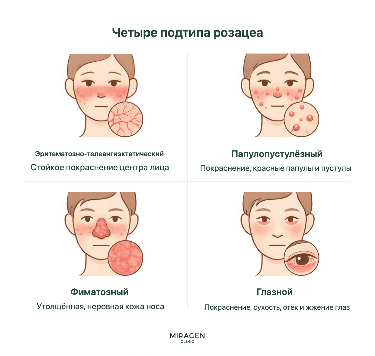 Сравнение четырёх форм розацеа: эритематозно-телеангиэктатическая проявляется покраснением лица, папулопустулёзная — бугорками, похожими на акне, фиматозная — утолщением кожи носа, глазная — покраснением и сухостью глаз