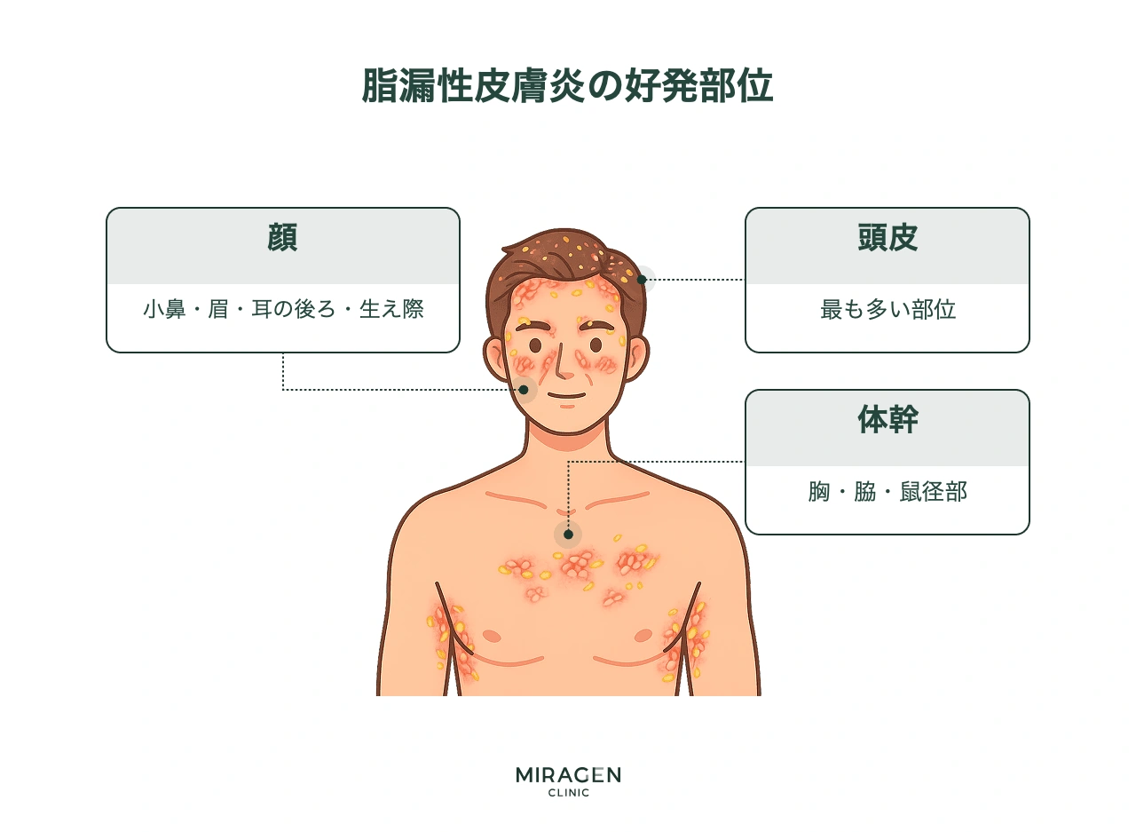 脂漏性皮膚炎が発症しやすい好発部位を男性上半身のイラストで示したインフォグラフィックで、頭皮・顔(鼻の両側、眉毛、耳の後ろ、額のヘアライン)・体幹(前胸部、腋窩)などを案内