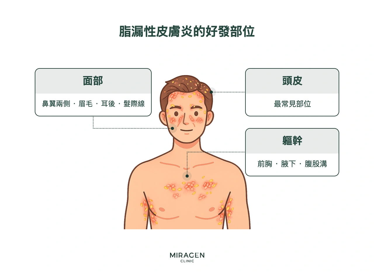 男性上半身示意圖:標出脂漏性皮膚炎常見的頭皮、臉部(鼻翼兩側、眉毛、耳後、額頭髮際線)與軀幹(前胸、腋下)等部位