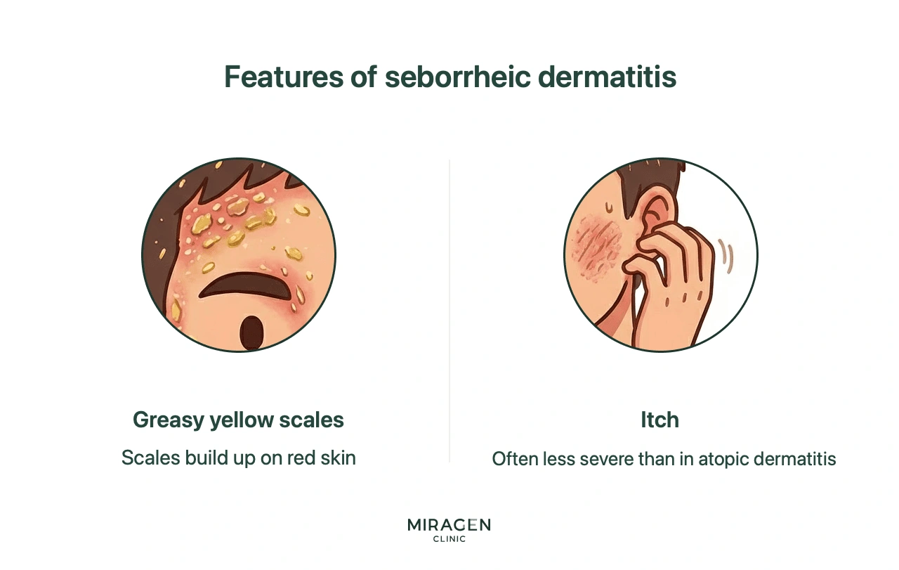 An infographic illustrating the two representative symptoms of seborrheic dermatitis: oily yellow scales accumulating on red skin and itching that is milder than atopic dermatitis.